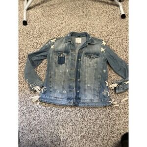 Zara Trafaluc Denim Jean Jacket Distressed Destroyed Pockets Blue